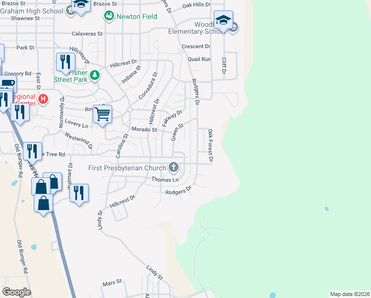 map of restaurants, bars, coffee shops, grocery stores, and more near 1522 Rodgers Drive in Graham