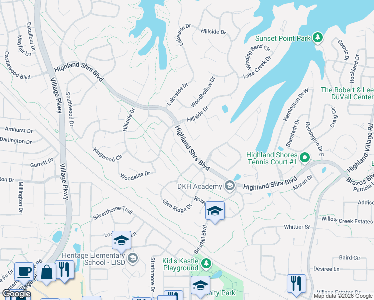 map of restaurants, bars, coffee shops, grocery stores, and more near 2623 Creekside Way in Highland Village