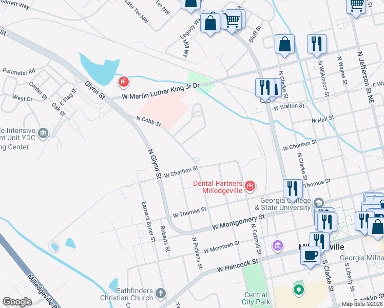 map of restaurants, bars, coffee shops, grocery stores, and more near 641 North Cobb Street in Milledgeville