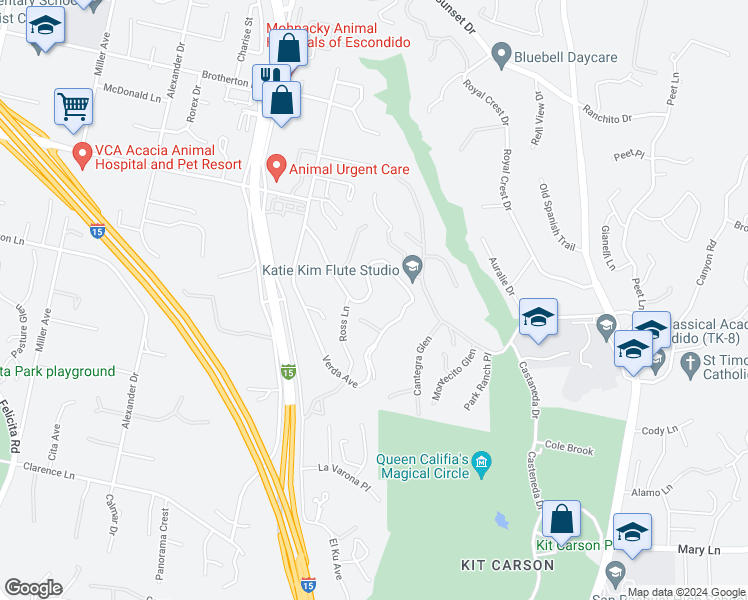 map of restaurants, bars, coffee shops, grocery stores, and more near 2755 Las Palmas Avenue in Escondido