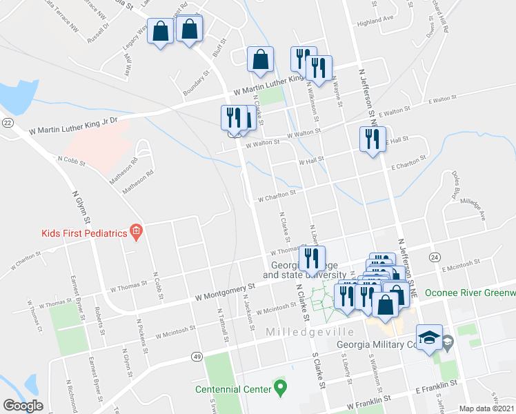map of restaurants, bars, coffee shops, grocery stores, and more near 531 North Columbia Street in Milledgeville