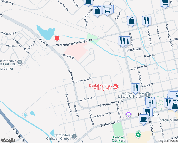 map of restaurants, bars, coffee shops, grocery stores, and more near 641 North Cobb Street in Milledgeville