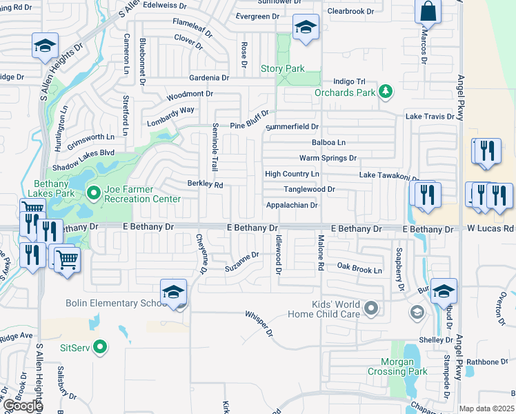 map of restaurants, bars, coffee shops, grocery stores, and more near 745 Yellowstone Drive in Allen