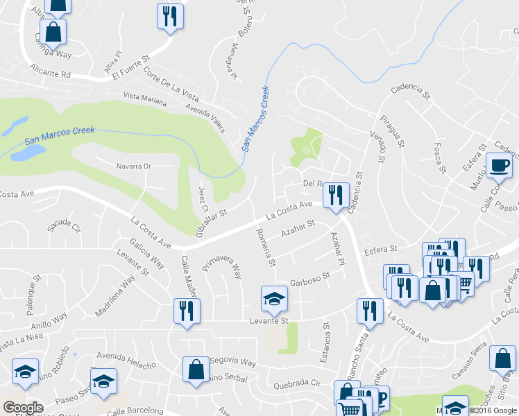 map of restaurants, bars, coffee shops, grocery stores, and more near 7522 Romeria Street in Carlsbad