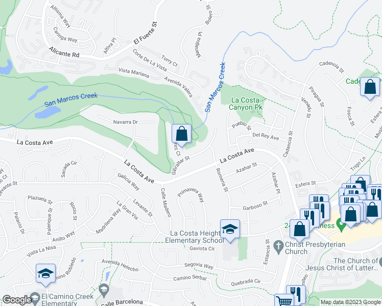 map of restaurants, bars, coffee shops, grocery stores, and more near 7530 Jerez Court in Carlsbad