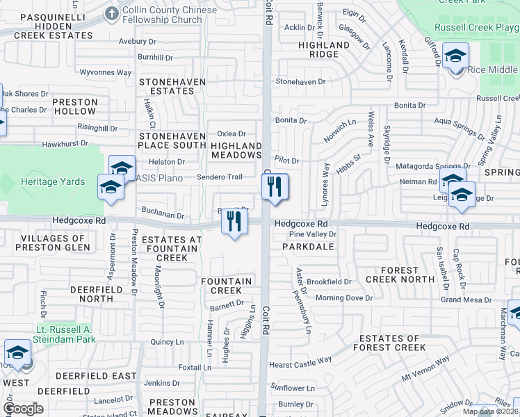 map of restaurants, bars, coffee shops, grocery stores, and more near 4009 Benoit Drive in Plano