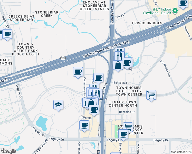 map of restaurants, bars, coffee shops, grocery stores, and more near 6050 Texas 121 in Frisco