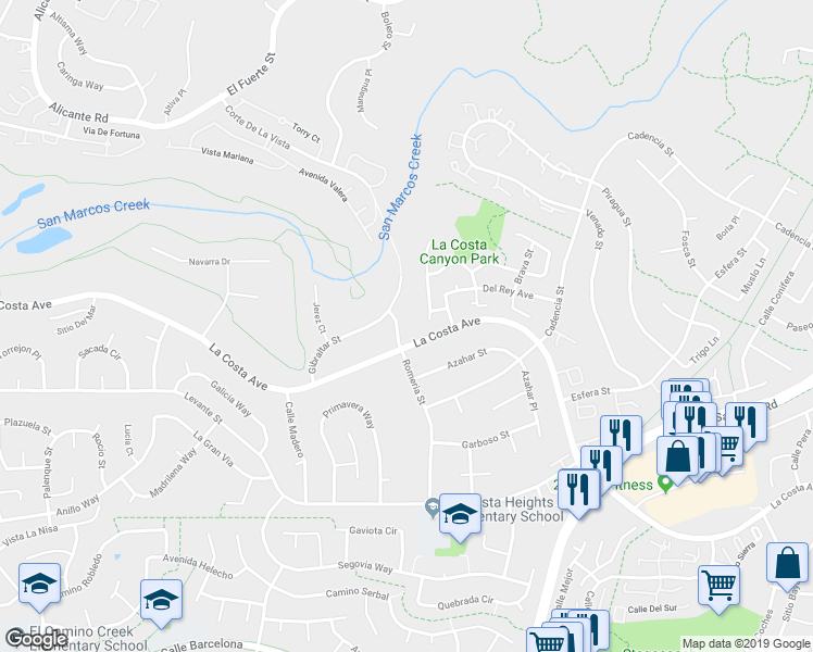 map of restaurants, bars, coffee shops, grocery stores, and more near 7562 Romeria Street in Carlsbad