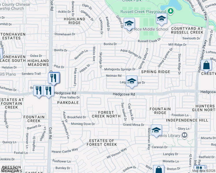 map of restaurants, bars, coffee shops, grocery stores, and more near 8009 Mountain Ridge Drive in Plano