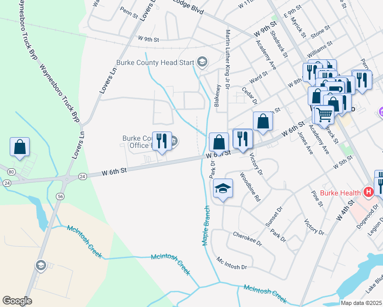 map of restaurants, bars, coffee shops, grocery stores, and more near 713 West 6th Street in Waynesboro
