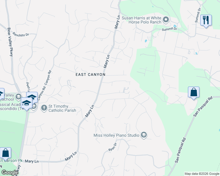 map of restaurants, bars, coffee shops, grocery stores, and more near 2601 Groton Place in Escondido