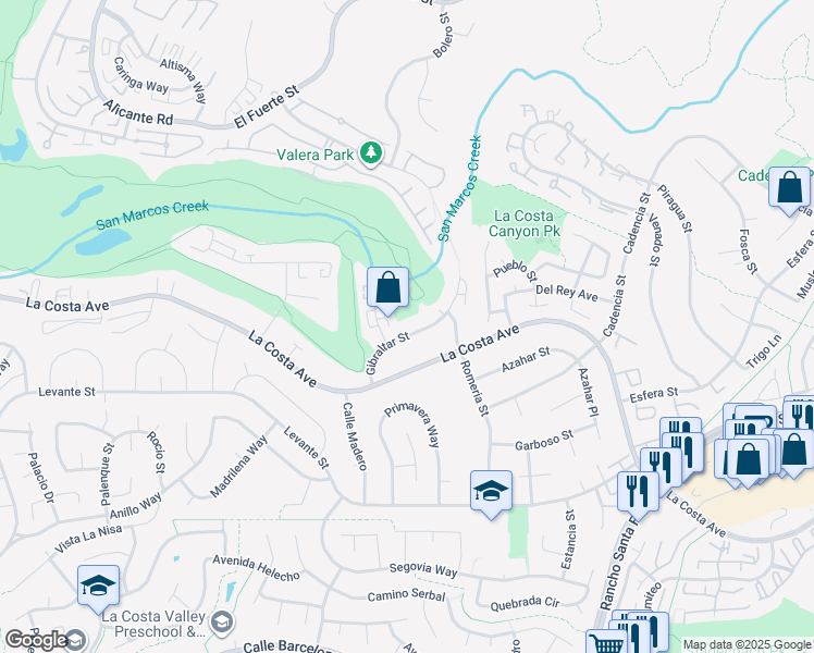 map of restaurants, bars, coffee shops, grocery stores, and more near 7559 Gibraltar Street in Carlsbad