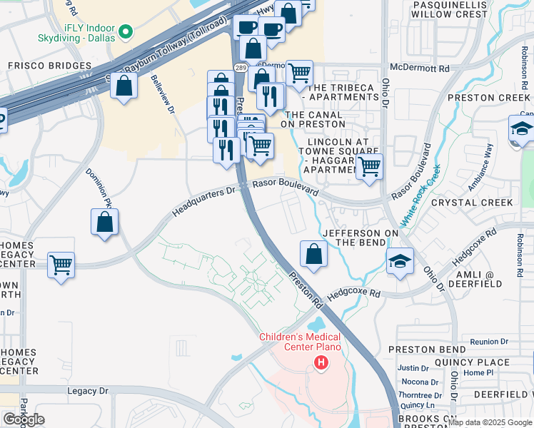 map of restaurants, bars, coffee shops, grocery stores, and more near Broadway Drive in Plano