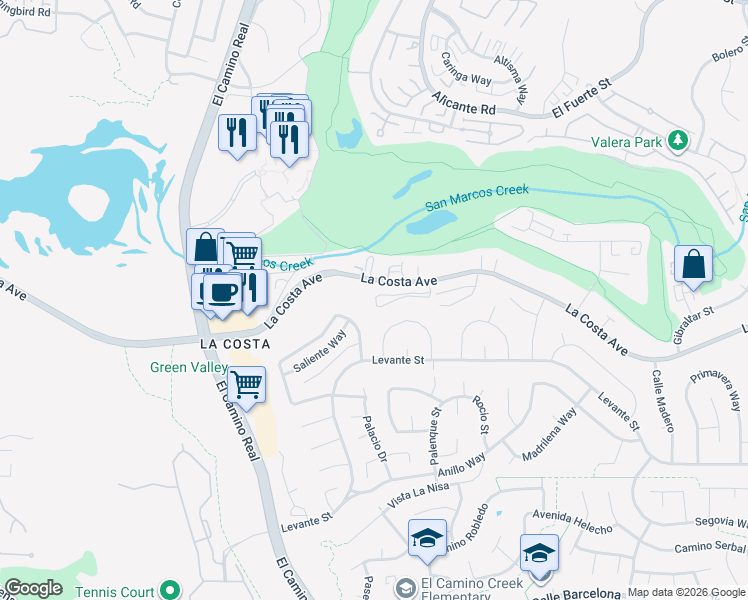 map of restaurants, bars, coffee shops, grocery stores, and more near 2415 La Costa Avenue in Carlsbad