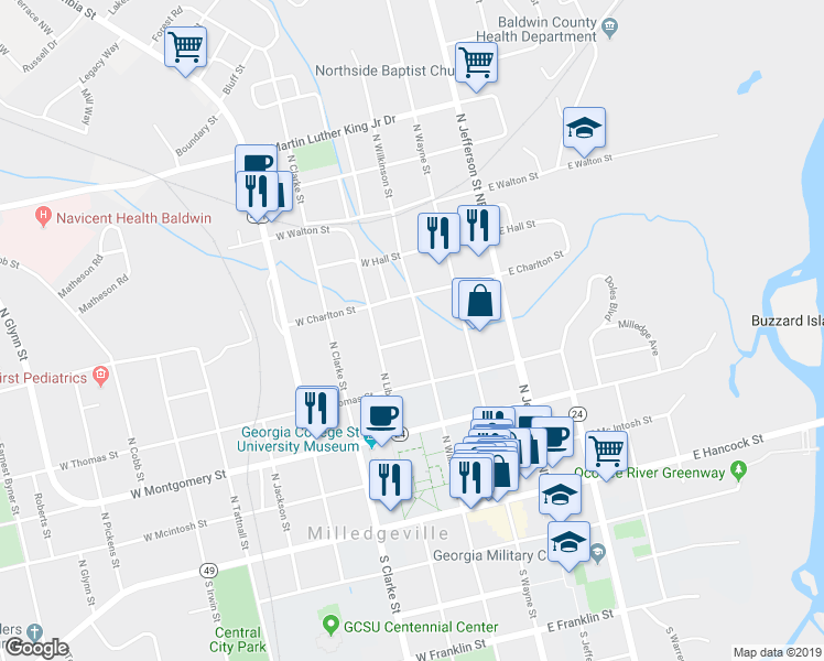 map of restaurants, bars, coffee shops, grocery stores, and more near 510 North Wilkinson Street in Milledgeville