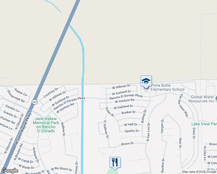 map of restaurants, bars, coffee shops, grocery stores, and more near 42634 West Hillman Drive in Maricopa