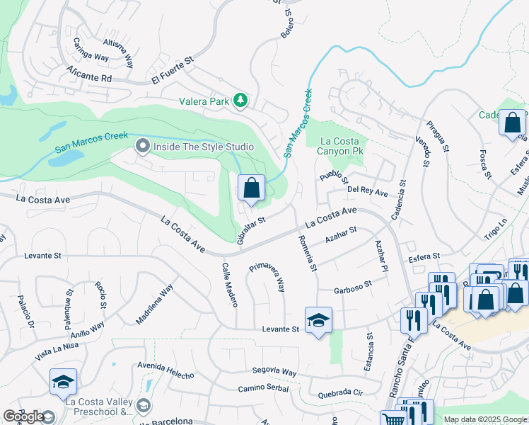 map of restaurants, bars, coffee shops, grocery stores, and more near 7530 Jerez Court in Carlsbad