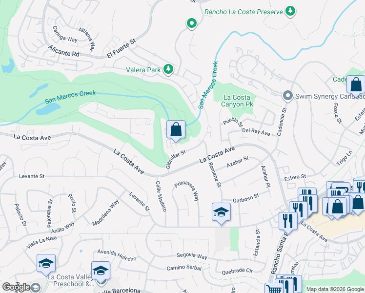 map of restaurants, bars, coffee shops, grocery stores, and more near 7530 Jerez Court in Carlsbad