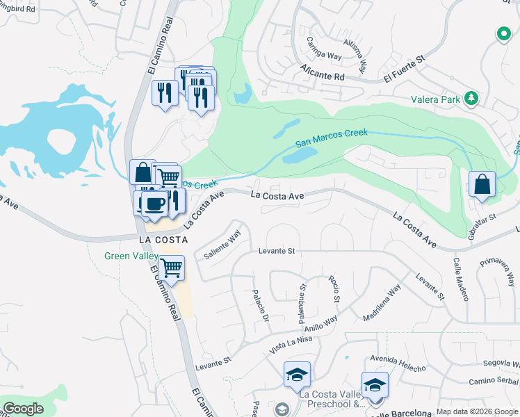 map of restaurants, bars, coffee shops, grocery stores, and more near 2415 La Costa Avenue in Carlsbad