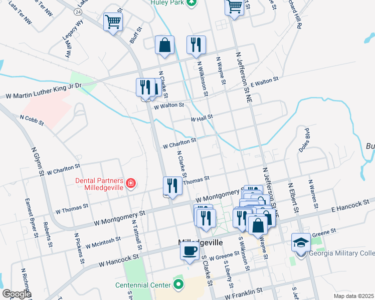 map of restaurants, bars, coffee shops, grocery stores, and more near 545 North Clarke Street in Milledgeville