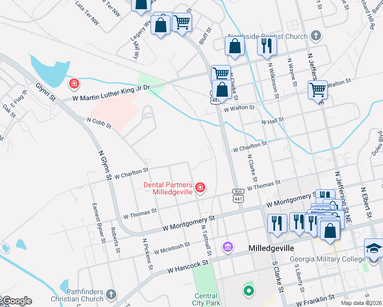 map of restaurants, bars, coffee shops, grocery stores, and more near 701 West Charlton Street in Milledgeville