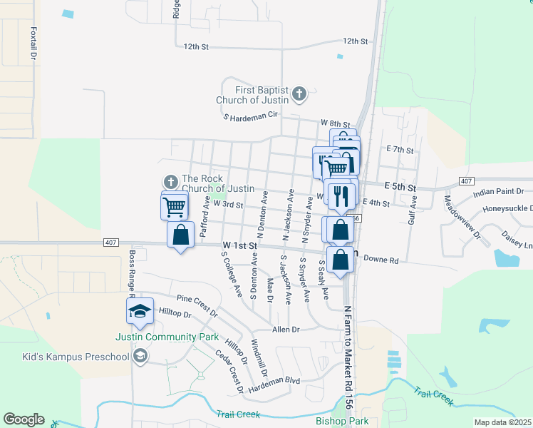 map of restaurants, bars, coffee shops, grocery stores, and more near 417 West 3rd Street in Justin
