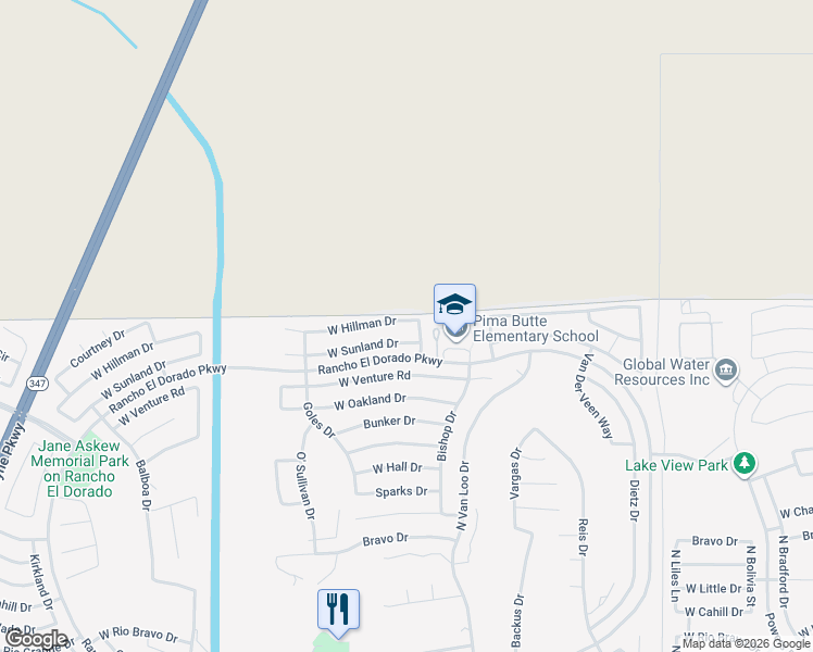 map of restaurants, bars, coffee shops, grocery stores, and more near 42383 West Hillman Drive in Maricopa