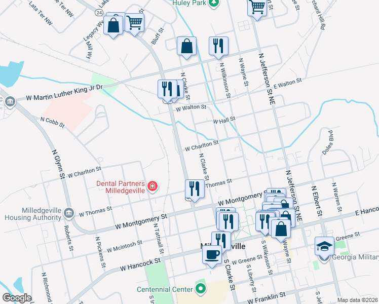 map of restaurants, bars, coffee shops, grocery stores, and more near 430 West Charlton Street in Milledgeville