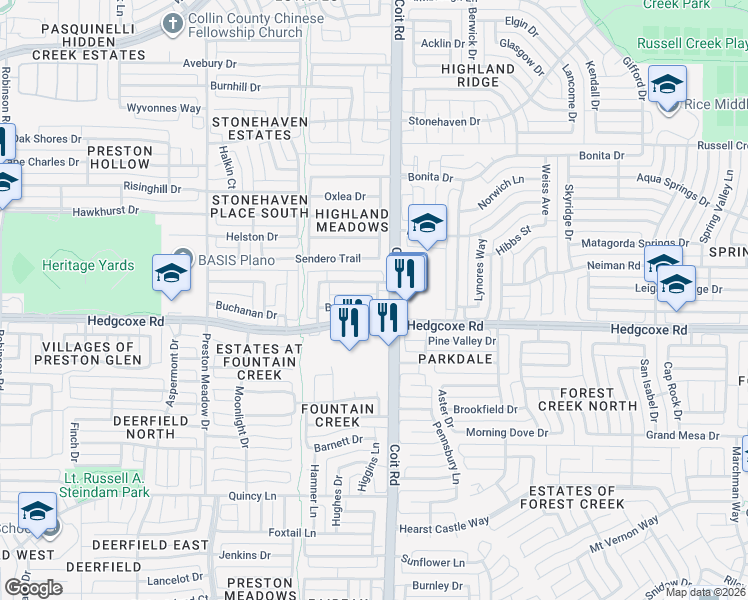 map of restaurants, bars, coffee shops, grocery stores, and more near 4009 Benoit Drive in Plano