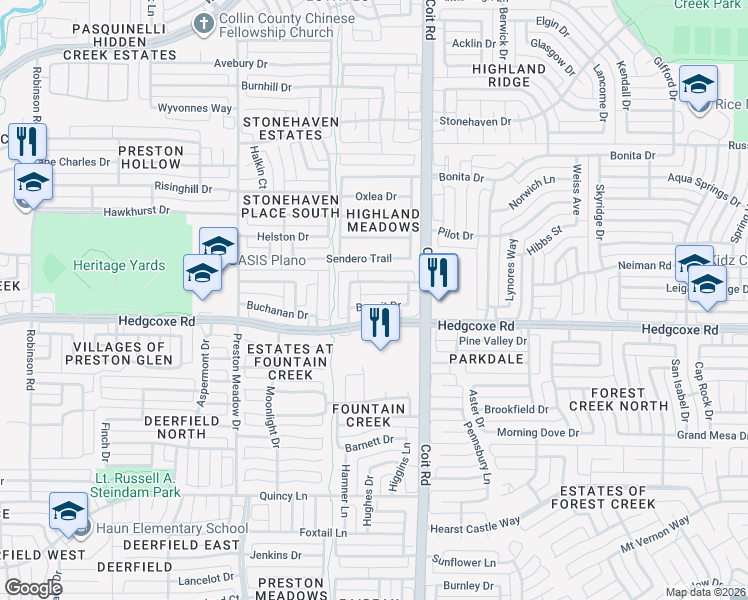 map of restaurants, bars, coffee shops, grocery stores, and more near 4033 Benoit Dr in Plano