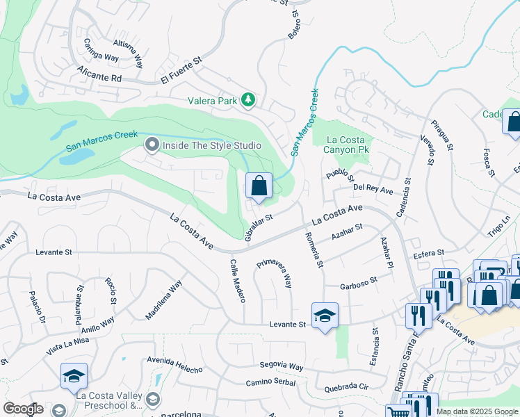 map of restaurants, bars, coffee shops, grocery stores, and more near 7565 Gibraltar Street in Carlsbad