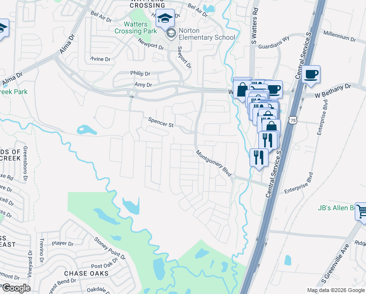 map of restaurants, bars, coffee shops, grocery stores, and more near 1115 Maverick Drive in Allen