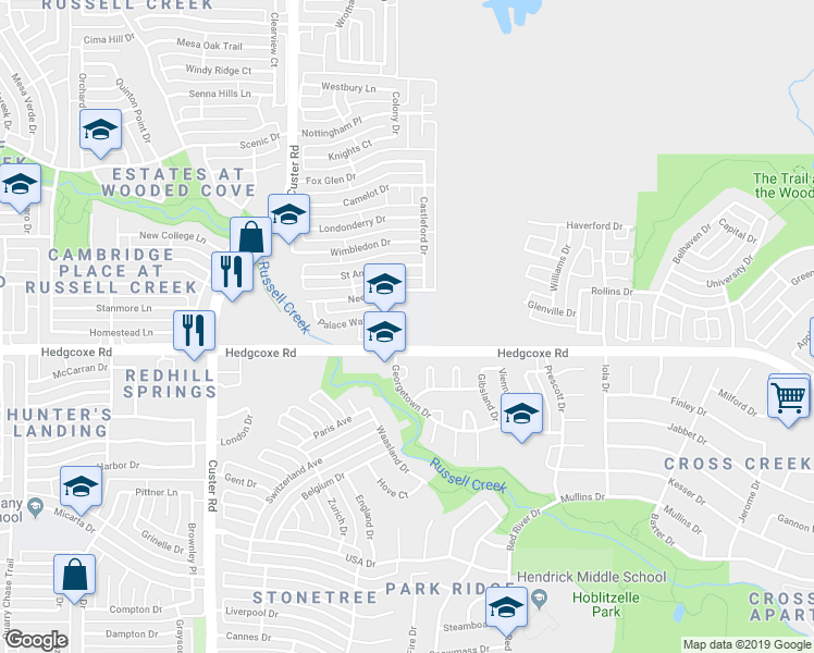 map of restaurants, bars, coffee shops, grocery stores, and more near 715 Duchess Drive in Allen