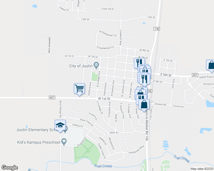 map of restaurants, bars, coffee shops, grocery stores, and more near 519 West 3rd Street in Justin
