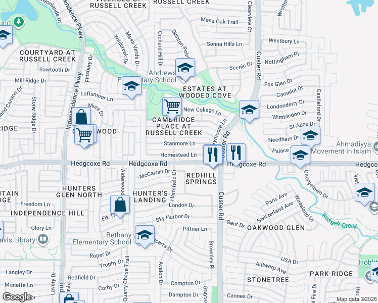 map of restaurants, bars, coffee shops, grocery stores, and more near 2233 Homestead Ln in Plano