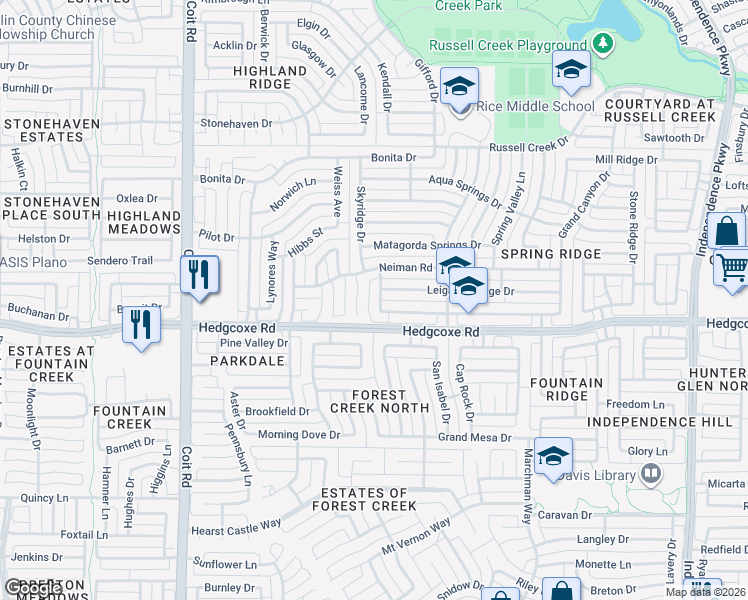 map of restaurants, bars, coffee shops, grocery stores, and more near 8009 Mountain Ridge Drive in Plano