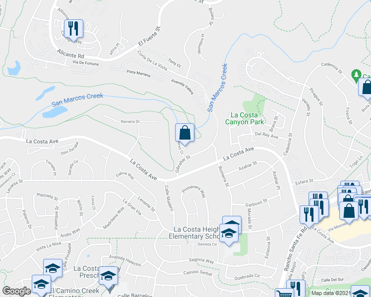 map of restaurants, bars, coffee shops, grocery stores, and more near 7530 Jerez Court in Carlsbad