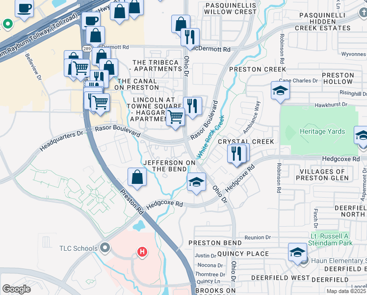map of restaurants, bars, coffee shops, grocery stores, and more near 8025 Ohio Drive in Plano