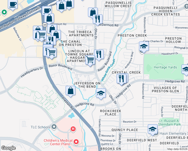 map of restaurants, bars, coffee shops, grocery stores, and more near 8025 Ohio Drive in Plano