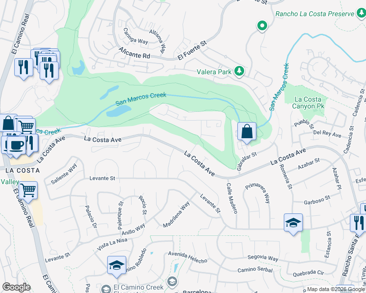 map of restaurants, bars, coffee shops, grocery stores, and more near 2544 La Costa Avenue in Carlsbad