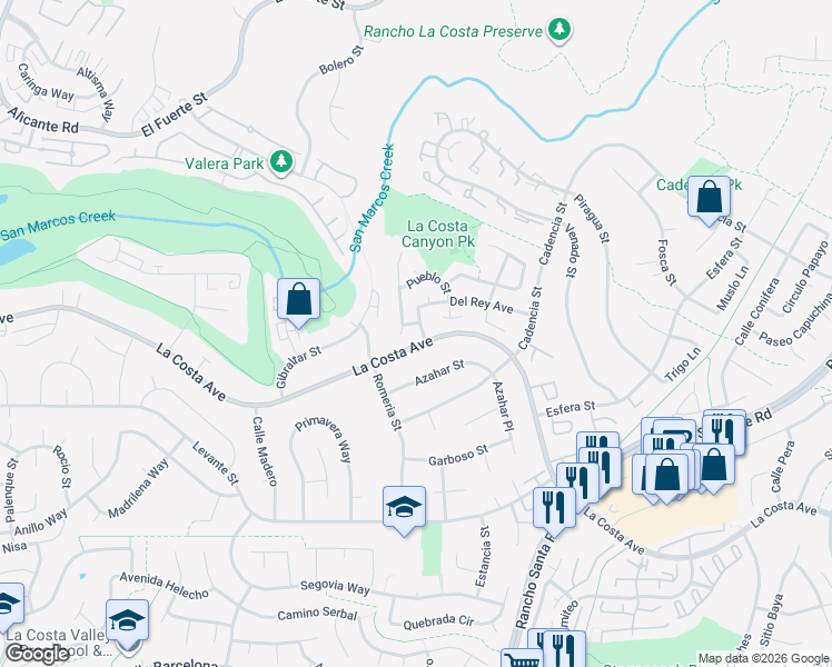 map of restaurants, bars, coffee shops, grocery stores, and more near 7523 Quinta Street in Carlsbad