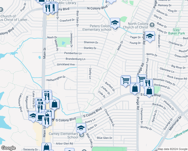 map of restaurants, bars, coffee shops, grocery stores, and more near 5109 Gilliam Circle in The Colony