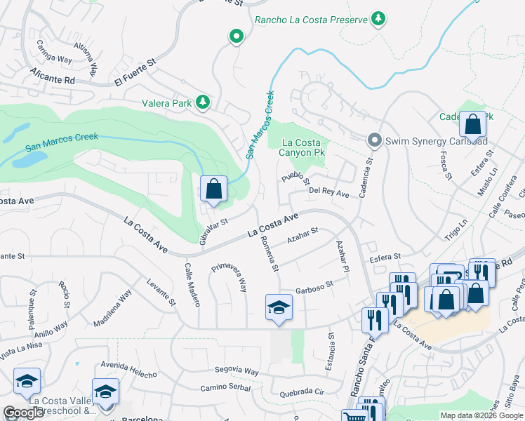 map of restaurants, bars, coffee shops, grocery stores, and more near 7522 Romeria Street in Carlsbad