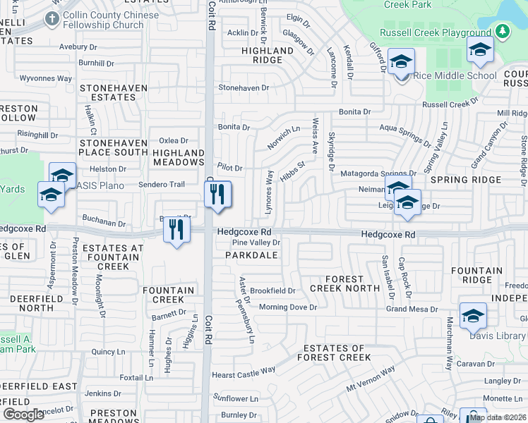 map of restaurants, bars, coffee shops, grocery stores, and more near 8012 Lynores Way in Plano