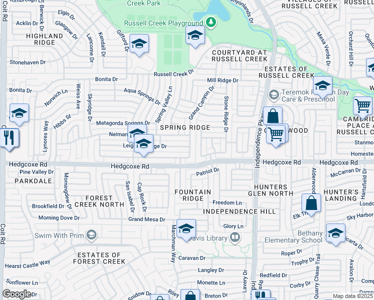 map of restaurants, bars, coffee shops, grocery stores, and more near 3300 Leighton Ridge Drive in Plano