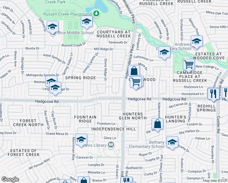 map of restaurants, bars, coffee shops, grocery stores, and more near 8000 Springmoss Drive in Plano