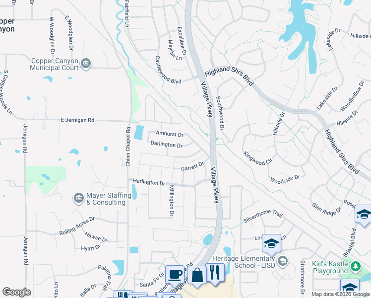 map of restaurants, bars, coffee shops, grocery stores, and more near 2913 Darlington Drive in Highland Village