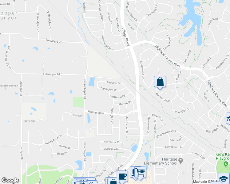 map of restaurants, bars, coffee shops, grocery stores, and more near 2913 Darlington Drive in Highland Village
