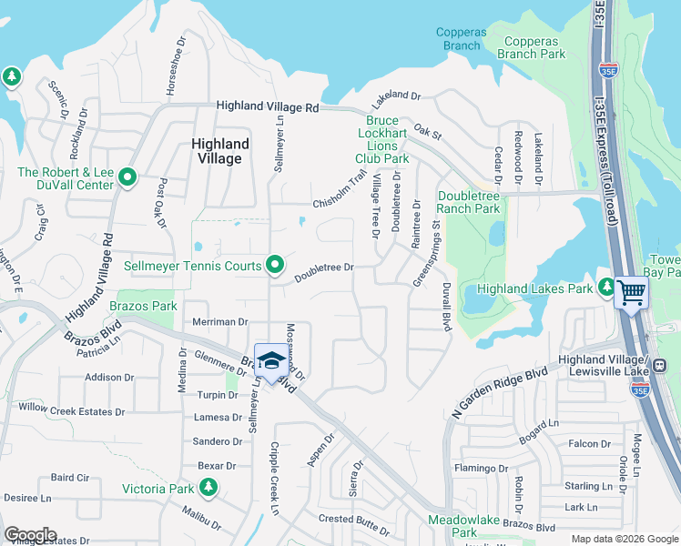 map of restaurants, bars, coffee shops, grocery stores, and more near 333 Doubletree Drive in Highland Village
