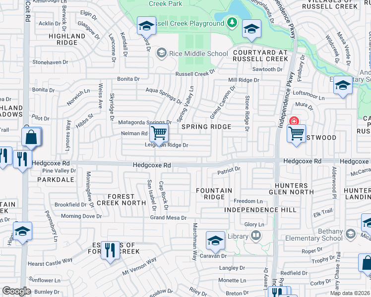 map of restaurants, bars, coffee shops, grocery stores, and more near 3324 Leighton Ridge Drive in Plano